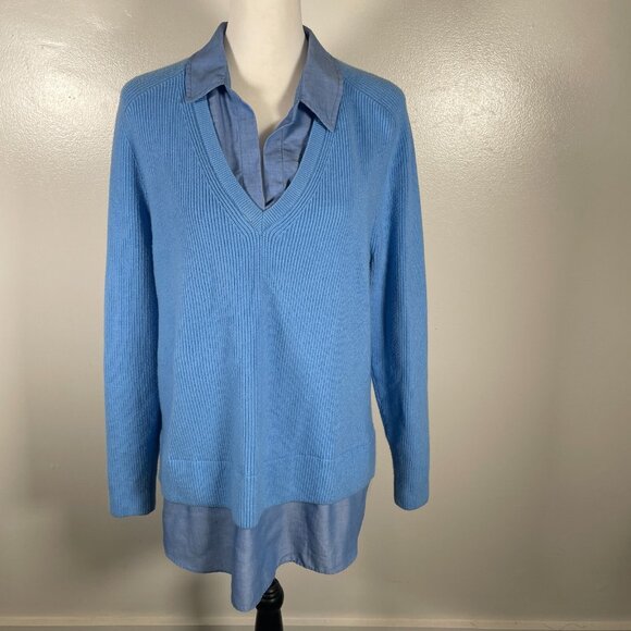 Ann Taylor Twofer Sweater Women Large Blue Knitted Slim Fit Long Sleeve Collared - Picture 2 of 16